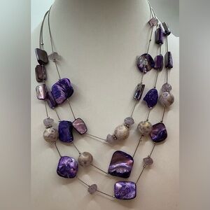 NY AND CO PURPLE SHELL AND MARBLE BEAD 3 LAYER SILVERTONE NECKLACE